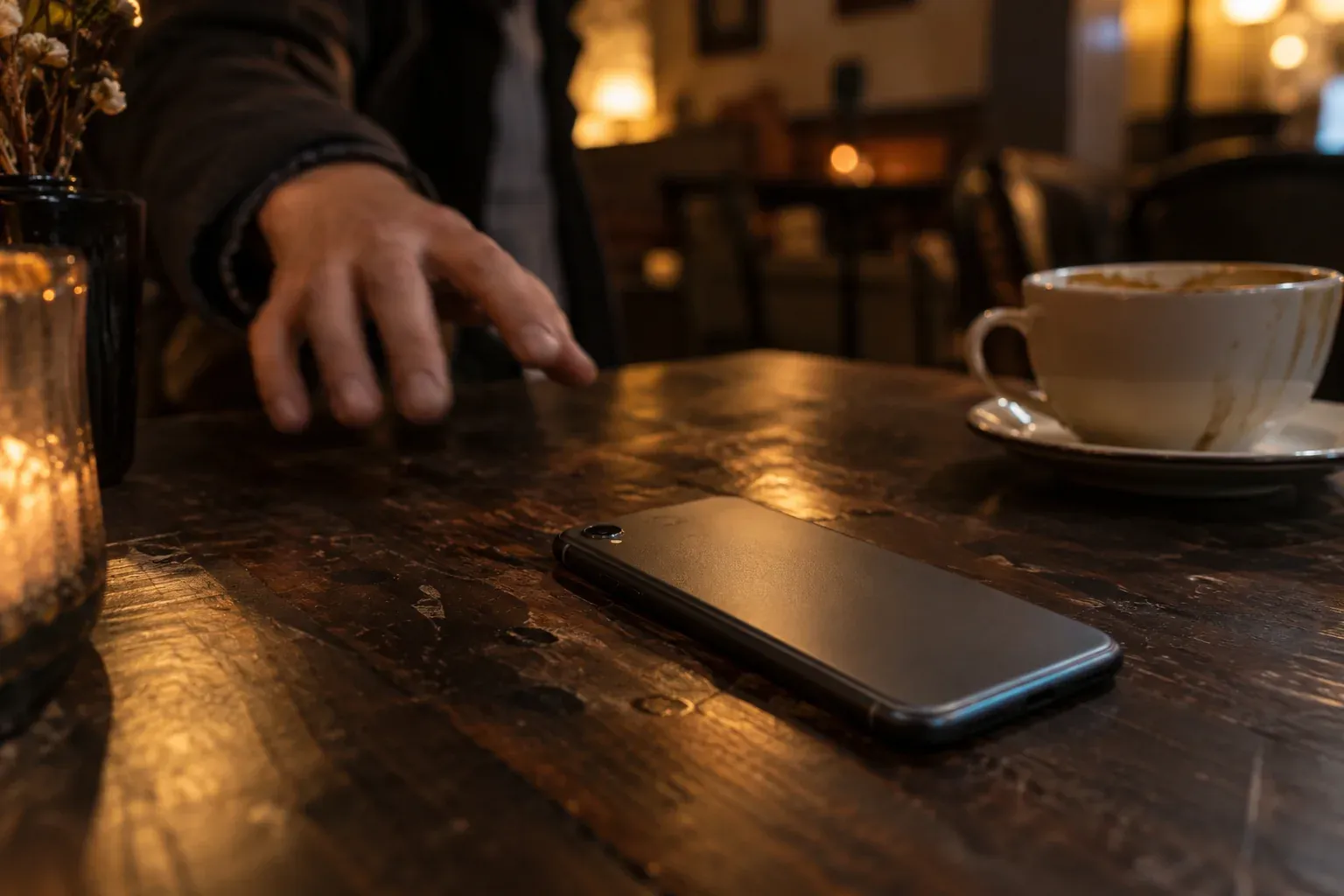 A hand reaching for a phone left face down on a café table.