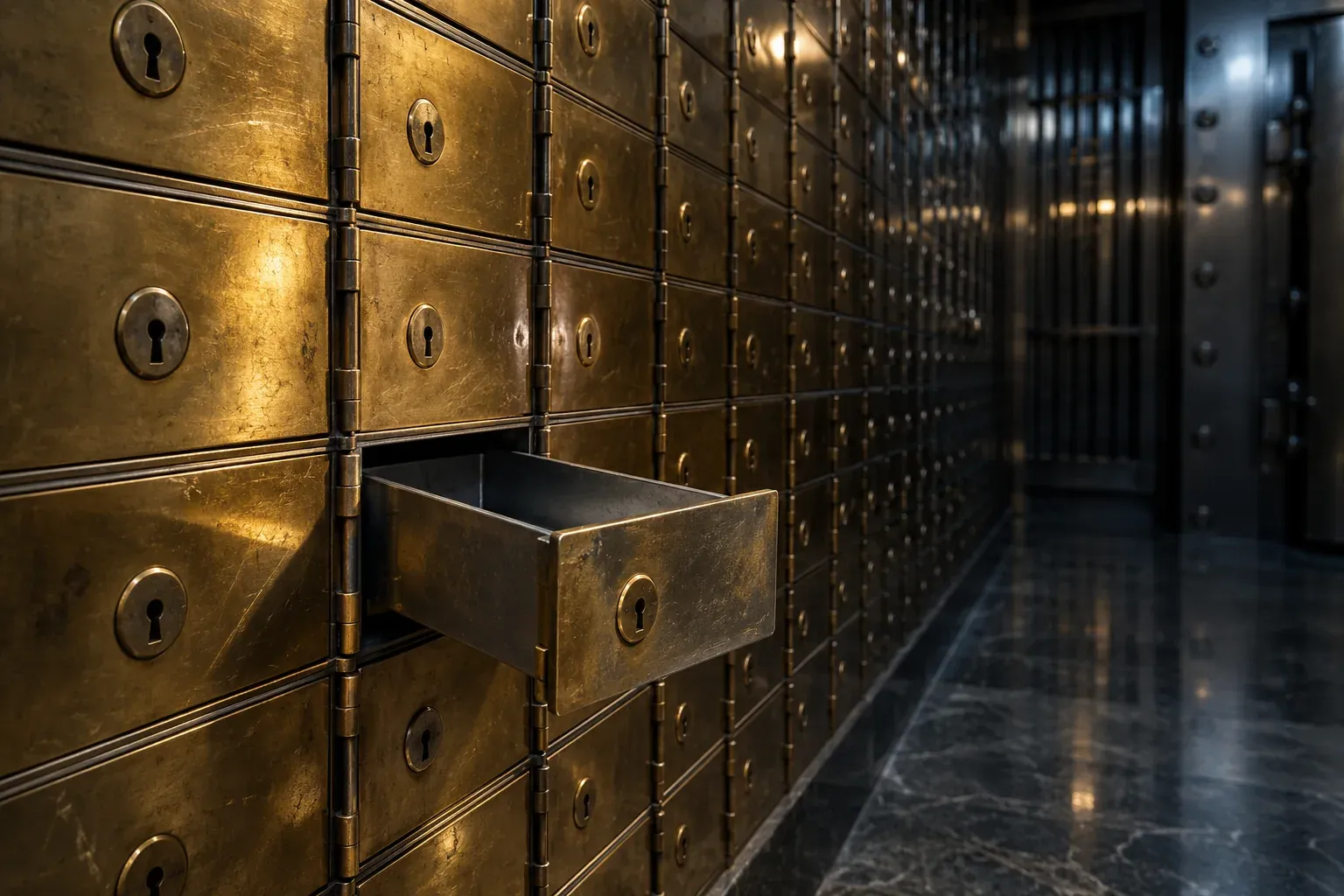 A wall of brass safe deposit boxes with one empty drawer pulled open.