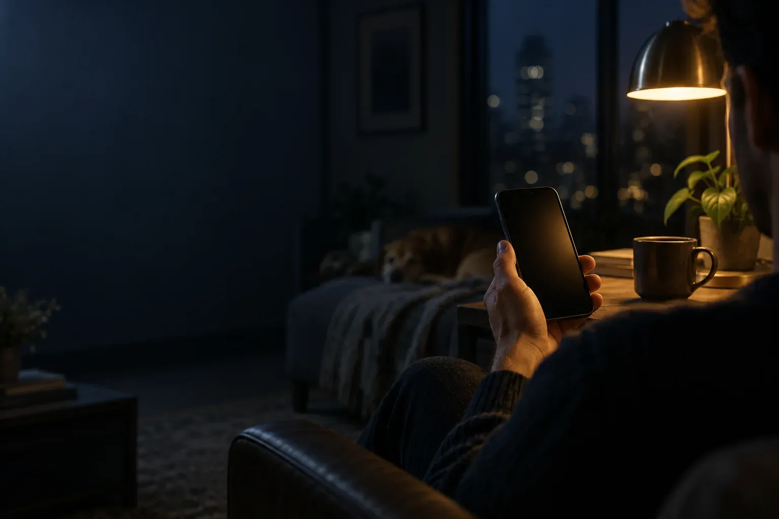 A person in an armchair holding a phone in a dim living room at night.