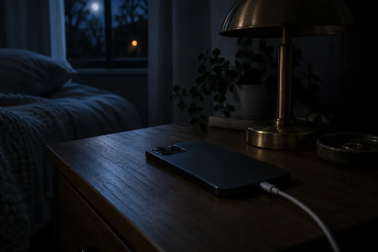 A phone charging on a bedside table at night, next to a brass lamp.