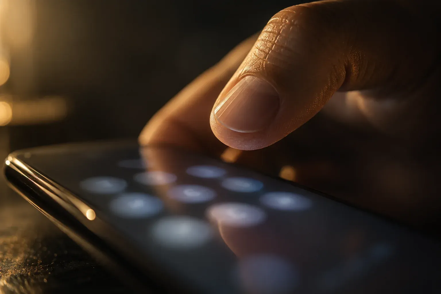 A thumb about to tap a phone's lock-screen keypad in low light.