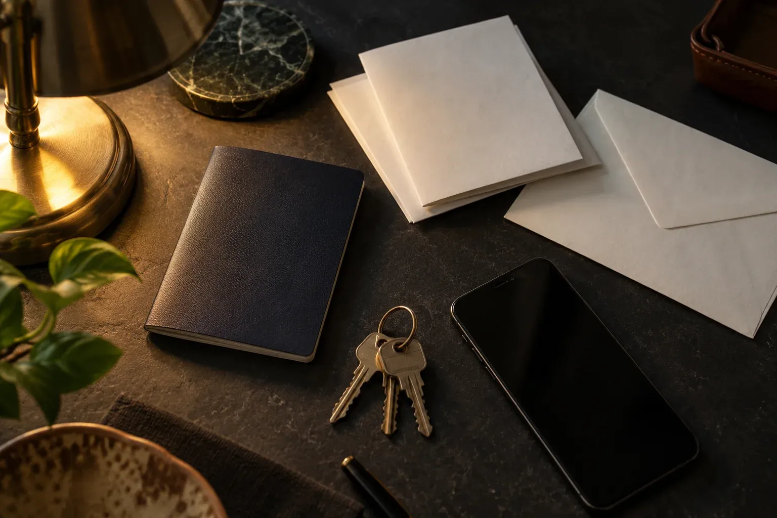 A passport, house keys, sealed envelopes and a phone laid out on a dark desk under a brass lamp.