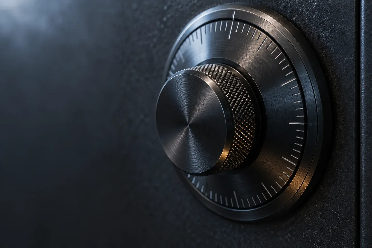 Close-up of a brushed steel combination dial on a dark safe door.