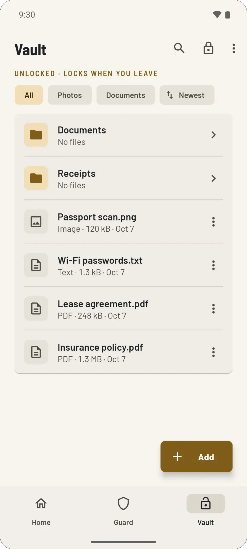 The vault screen listing folders and files, unlocked, with an Add button.