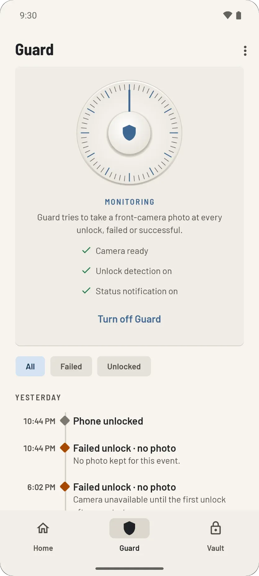 The Guard screen with its safe dial, status checks and a day-by-day unlock log.