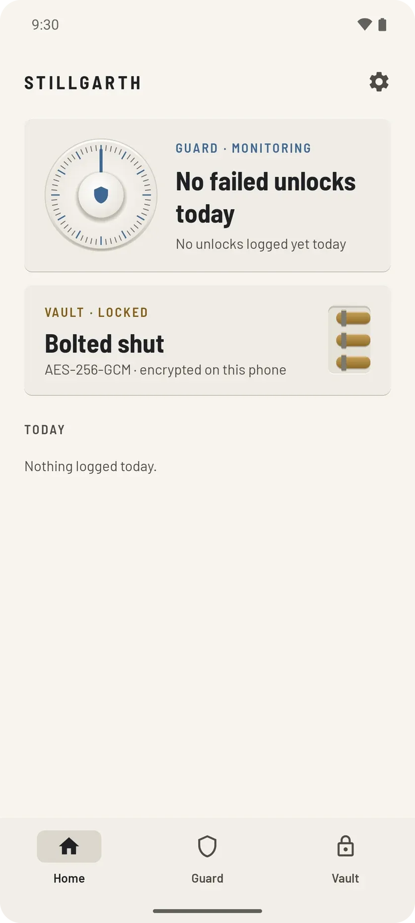 The app's Home screen: Guard is monitoring with no failed unlocks today, and the vault is bolted shut.