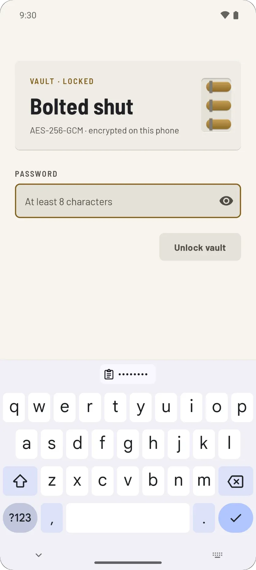 The vault unlock screen: Bolted shut, encrypted on this phone, with a password field.