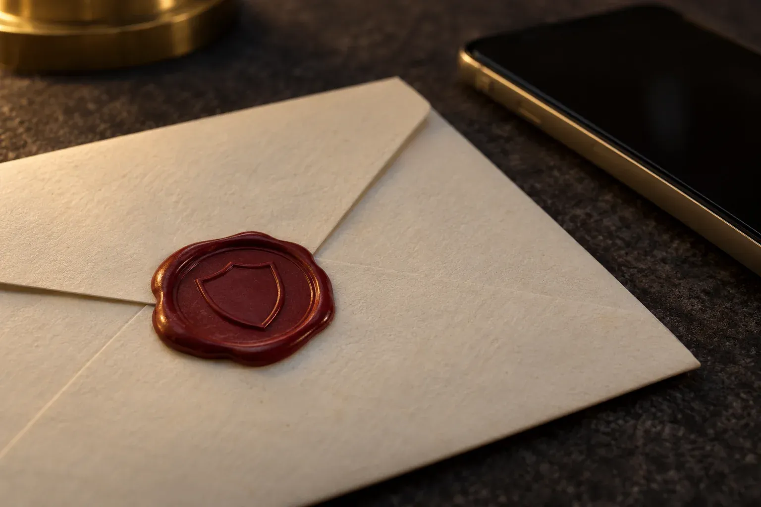 An envelope closed with a red wax seal, next to a phone.