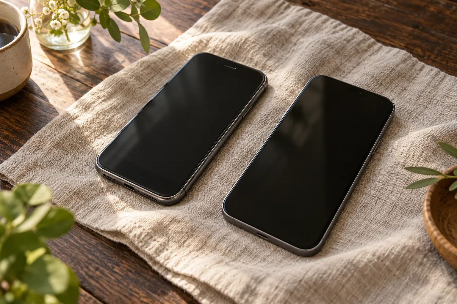 Two smartphones lying side by side on a linen cloth in morning light.