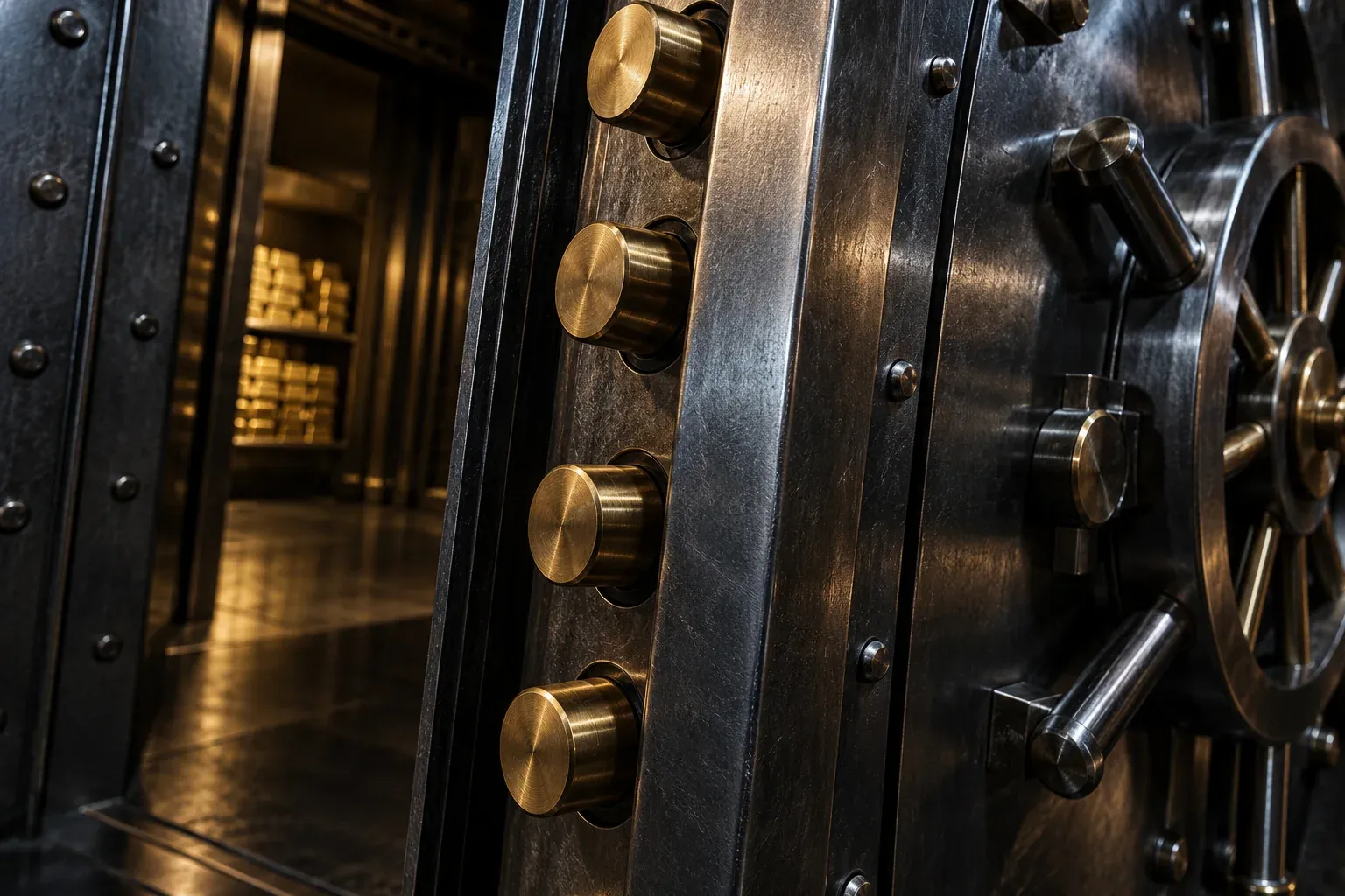Close-up of a steel bank vault door with heavy brass locking bolts.